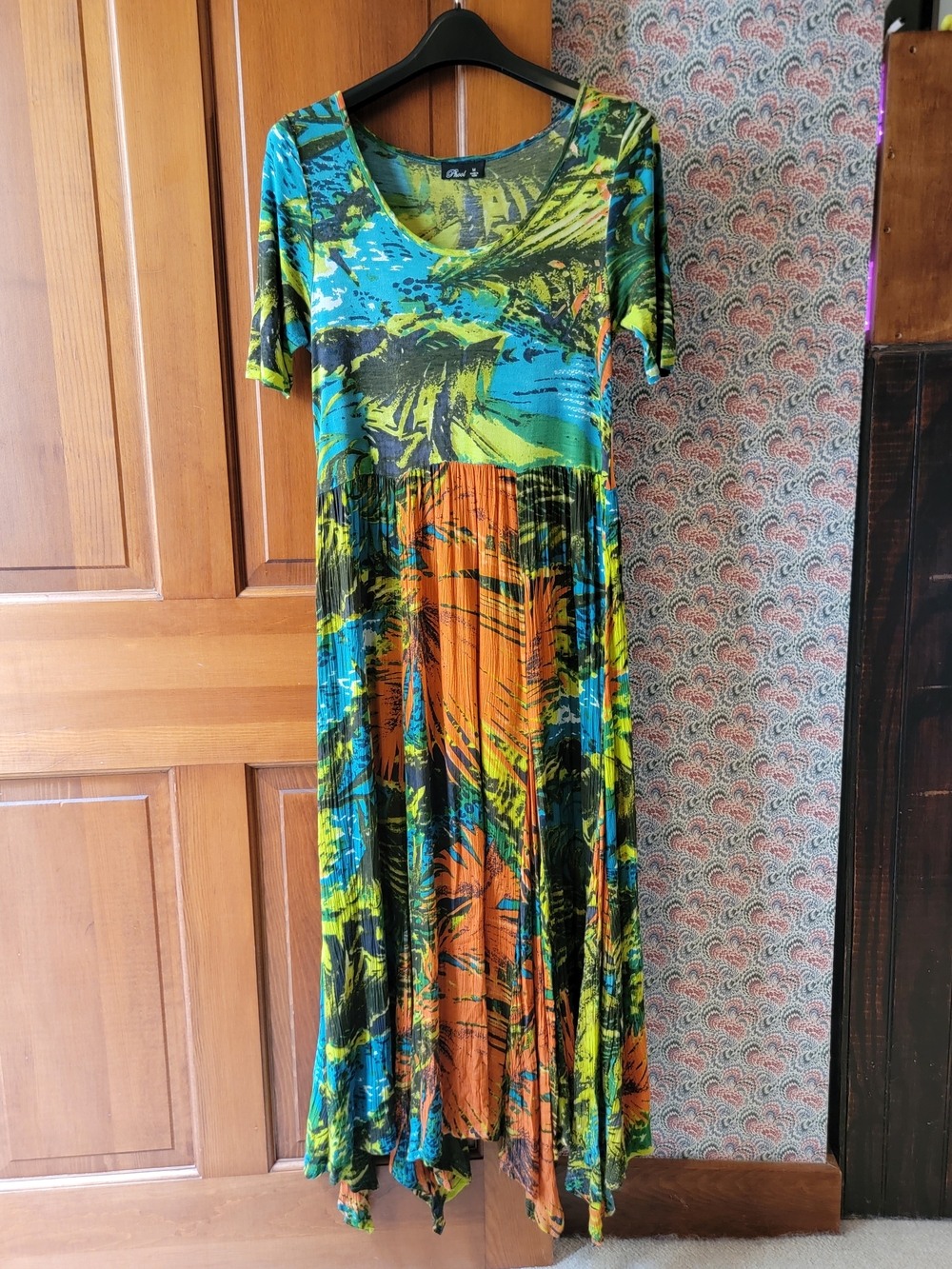 Vintage 90s PHOOL Boho Crinkle Rayon Abstract Maxi Dress Handkerchief Hem Large - Picture 1 of 14